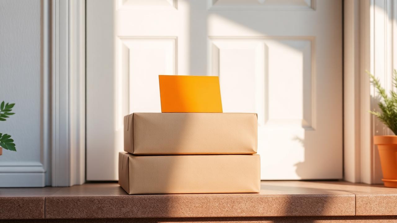 Plain cardboard parcels on a doorstep with a blank orange card on top