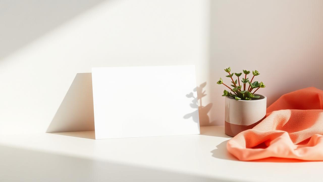 Blank white gift card standing on a bright minimal desk next to a small plant