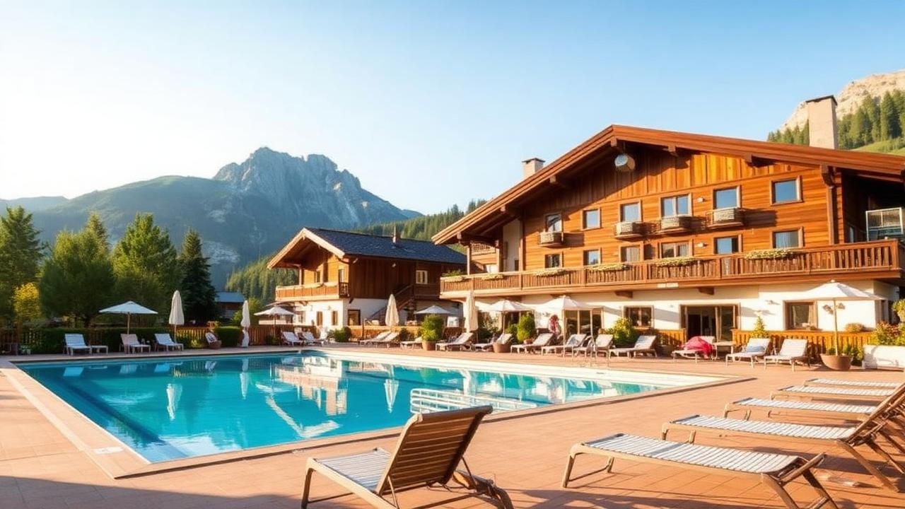Alpine family hotel with outdoor pool and mountains in summer