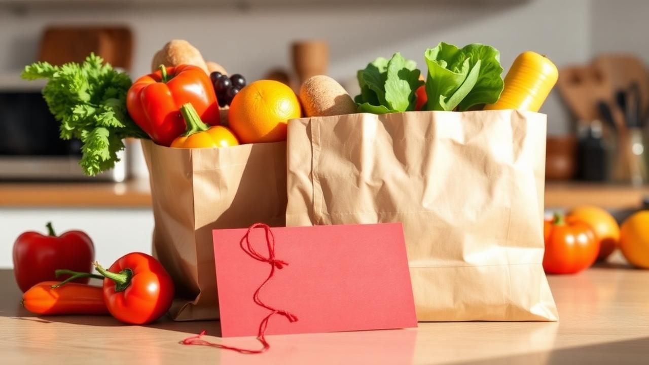 Fresh groceries in a paper bag on a kitchen counter with a blank red card